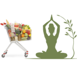 Immagine con una donna che pratica yoga e un carrello della spesa